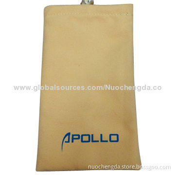 Yellow microfiber pouches with silkscreen, customized logos are accepted